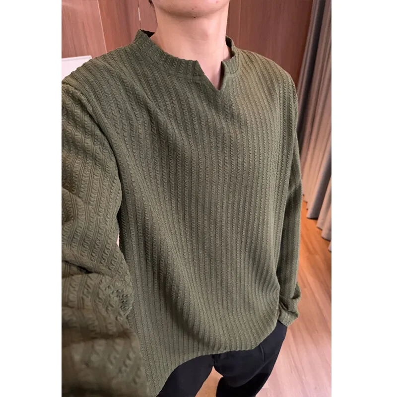 Pop Autumn Long Sleeved T-shirt Men Solid Color Casual V-neck T Shirt Men Streetwear Korean Loose Pullover Stripe T Shirt Mens T