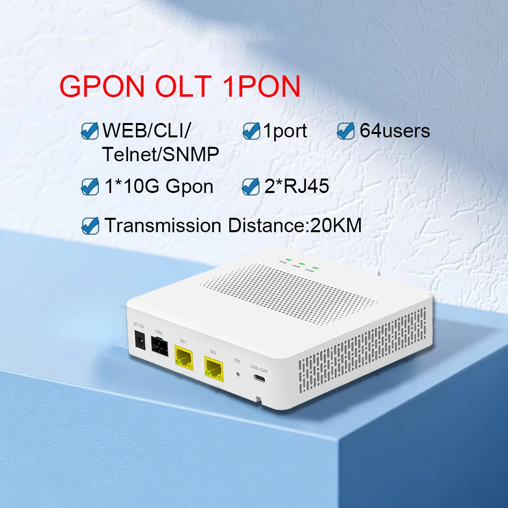 VSOL 1PON GPON OLT 1:64 ONU 20km C+GBIC SFP 1.25G/2.5Gbps DC 12V 1A 전원 공급 미니 GPON OLT 1포트 저가 FTTH 광섬유 터미널