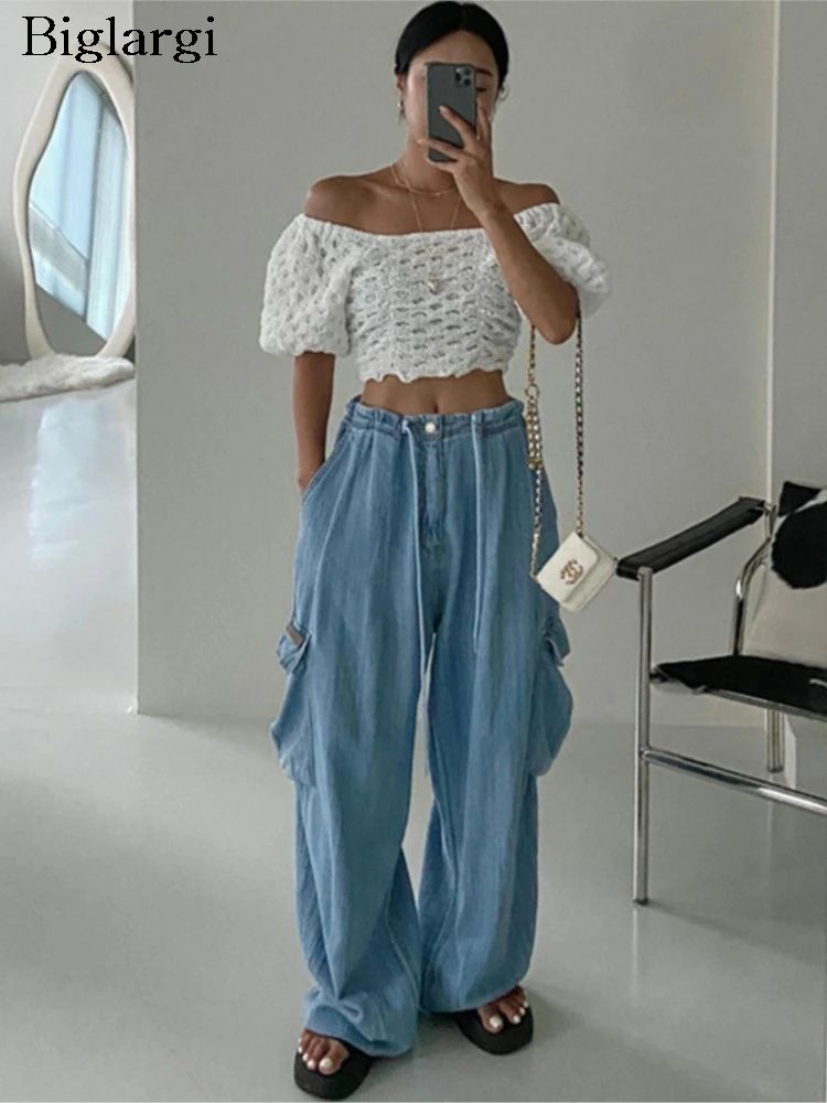 

Jeans Summer Long Wide Leg Pant Women Korean Style Loose Pleated Fashion Casual Ladies Trousers High Waist Woman Pants