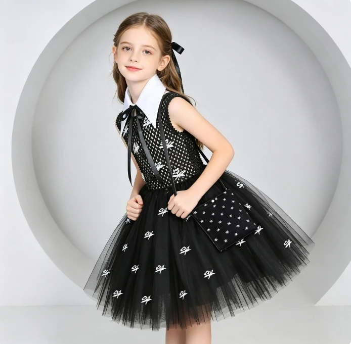 Black Elegant Gothic Style Tulle Tutu Dress Dark Princess Theme Sparkly Decoration With Bag Halloween Party Daily Fantasy Outfit