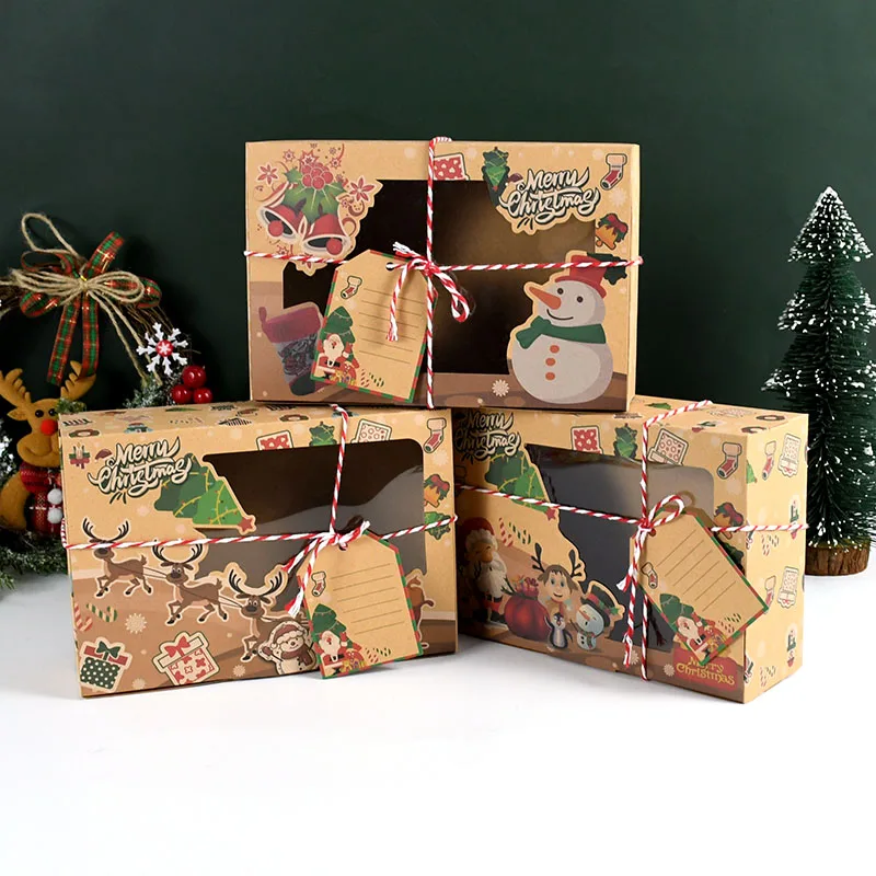 

6/9/12pcs Christmas Kraft Paper Candy Clear Window Boxes Merry Christmas Party Cookie Box New Year Decor Gifts Package Boxes