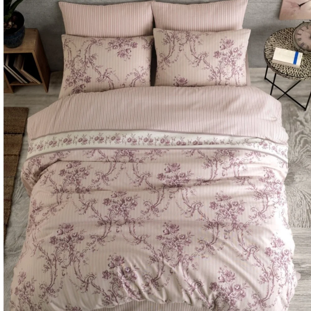 Cotton Duvet Cover, Sheet, Pillowcase Set 220x240Cm Soft Pink Jacquard Plain 100gsm Economic Antiperspirant Fabric Home Textile