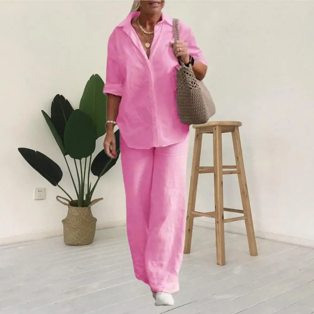 1 Set Trendy Women Summer Suit Two-piece Set Plus Size Casual Outfit Linen Top Long Pants Women Summer Suit