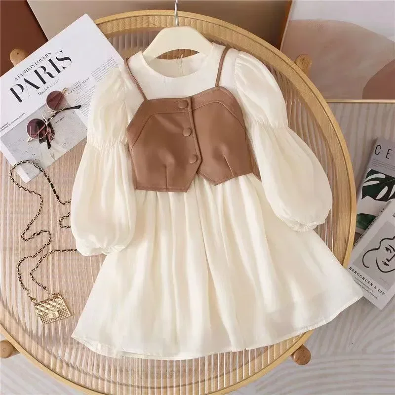 

2023 Spring Autumn Baby Suits Girl Vest + Long Sleeve Dresses 2piece Kids Cute Princess Dress Children Chiffon Vestido 2 To10T