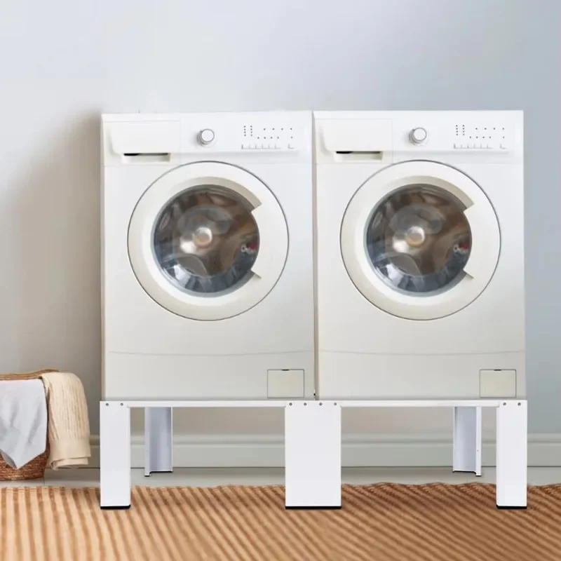 White Rugged Dual Base Frame Washer Dryer Stand Base Pull-Out Shelf Non-Slip Pad 2 Storage Racks