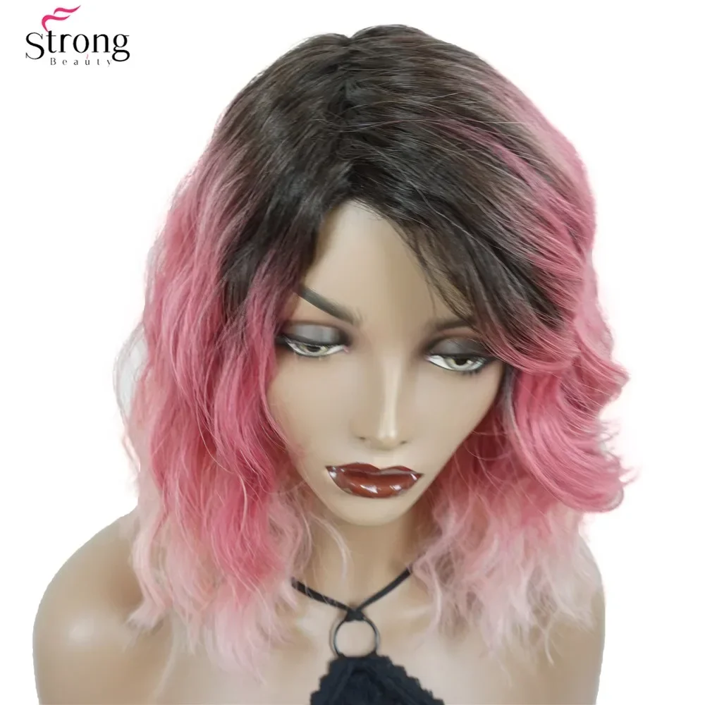 StrongBeauty Damen-Perücke, mittellang, lockig, rosa, Ombre Natura, seitlicher Bang-Stil, synthetische Perücken