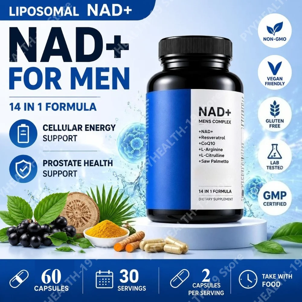 Men's Complex NAD+ Capsules 1000mg Resveratrol CoQ10 L-Arginine For Cellular Energy Prostate Flow Urinary Support Adult 60 Count