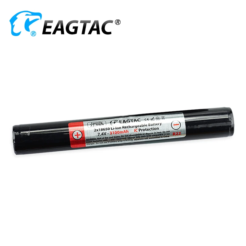 

EAGTAC 2x18650 7.4V 2500mAh(R18) 2600mAh(R19) 3100mAh(R22) 3400mAh(R25) Protected Li-ion Battery Pack Button Top GX25L2 GX30L2R