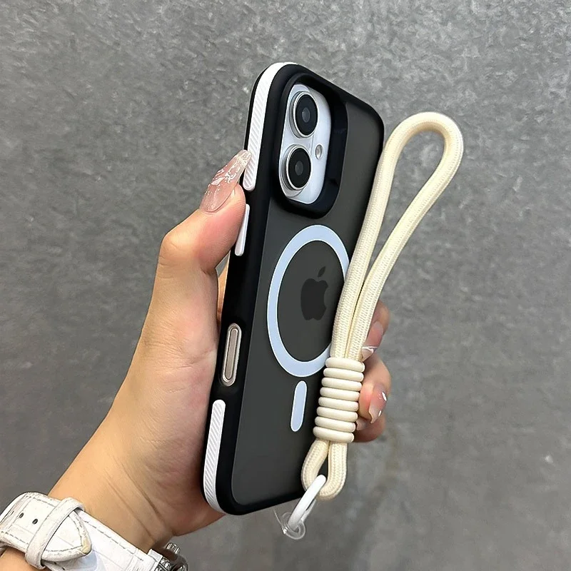 Luxury With Lanyard Magsafe Matte Phone Case For iPhone 11 12 13 14 15 16 17 Pro Max Plus Air Magnetic Bumper Back Cases Cover - náhled 3