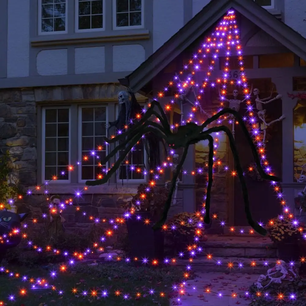 

Practical 8 Modes Halloween Spider Web Lights Waterproof Glow LED Spider Net 5m Hanging Scary Giant Spider Garden Yard