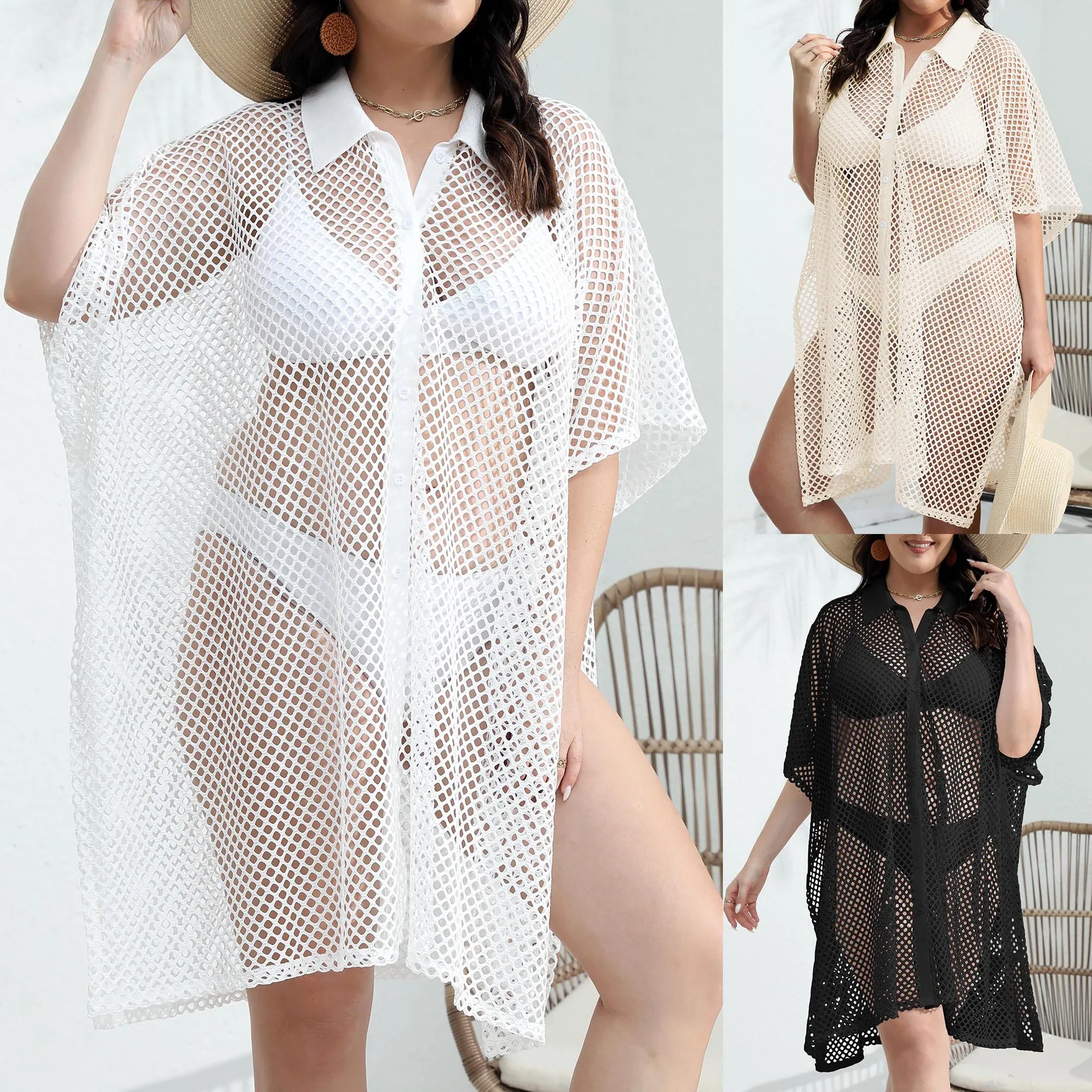 Plus size grade oversize maiô feminino bikini cover-up oco transparente botão para baixo colarinho vestido de praia camisa blusa dividida