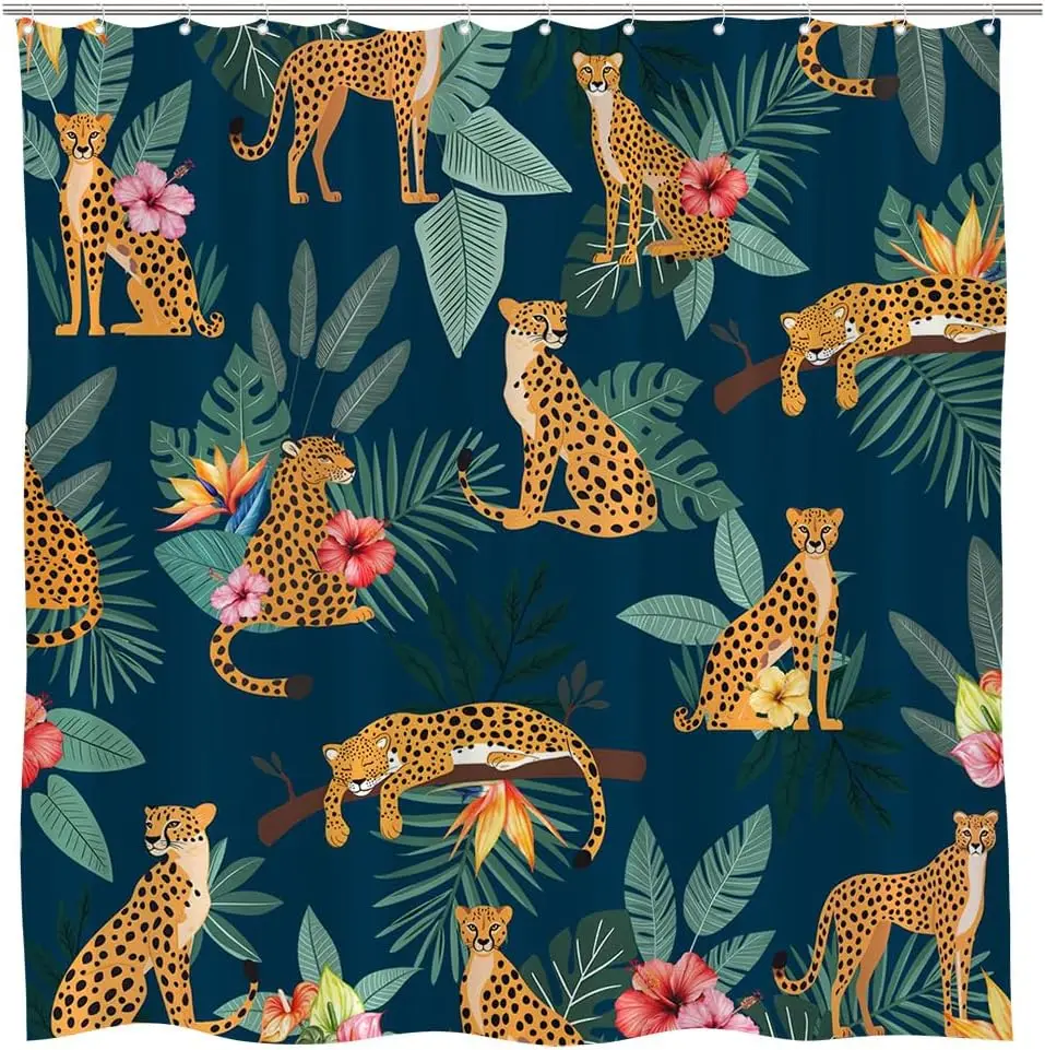 

Декоративная шторка для ванной с синим фоном, леопардом и тропическими растениями, для дома, в стиле дикой природы