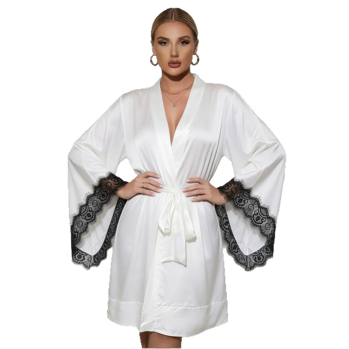 

New Sexy Nightgown Imitation Silk Sexy Lace Trim Plus Size Cardigan lightweight and breathable Robe Morning Gown OIOL