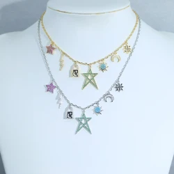 Sparkling Moon & Stars Heart Lock Pendant Necklace Gold Plated Color Cz Bead Charm Necklace Jewelry
