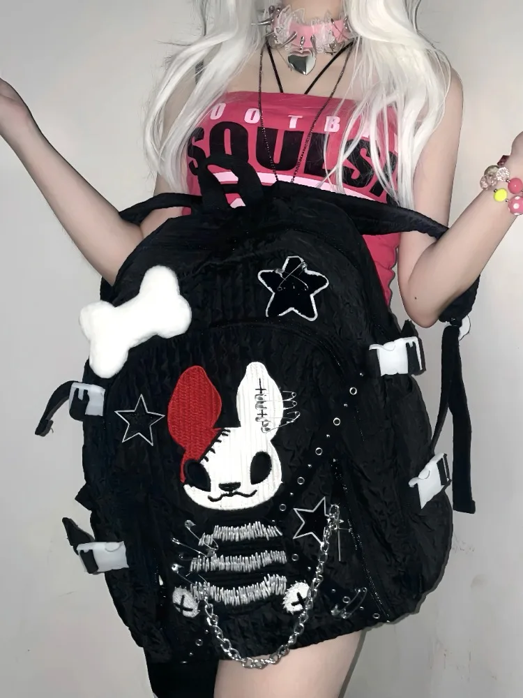 original handmade Devil Rabbit School Bag Cross Chain Star Bone Pin Backpack