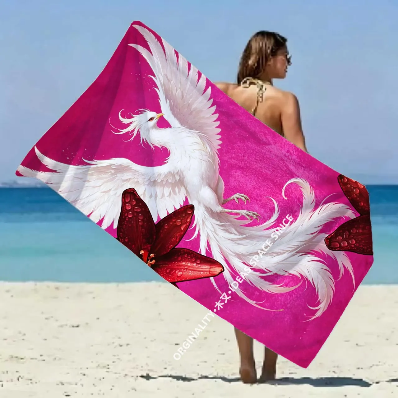 

White Phoenix & Lily Beach Towel Patterned Sunscreen And Windproof Suitable For Swimming Pool Camping Travel