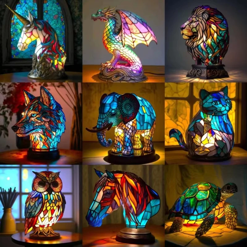 Animal Resin Color Led Table Lamp Series Desktop Ornament Mermaid Sheep Owl Sea Turtle Lion Cat Whale Dragon Home Ornament Gifts