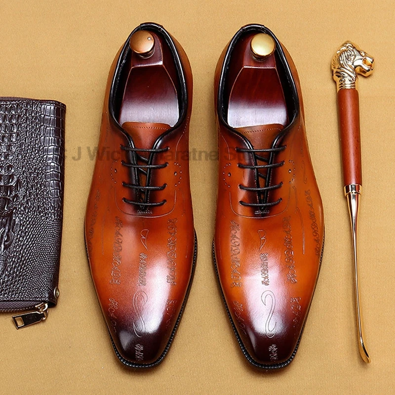 HKDQ-Oxfords marron en cuir de vache pour hommes, chaussures provoqué pointues faites à la main pour mariage, chaussures formelles de bureau d'affaires à lacets