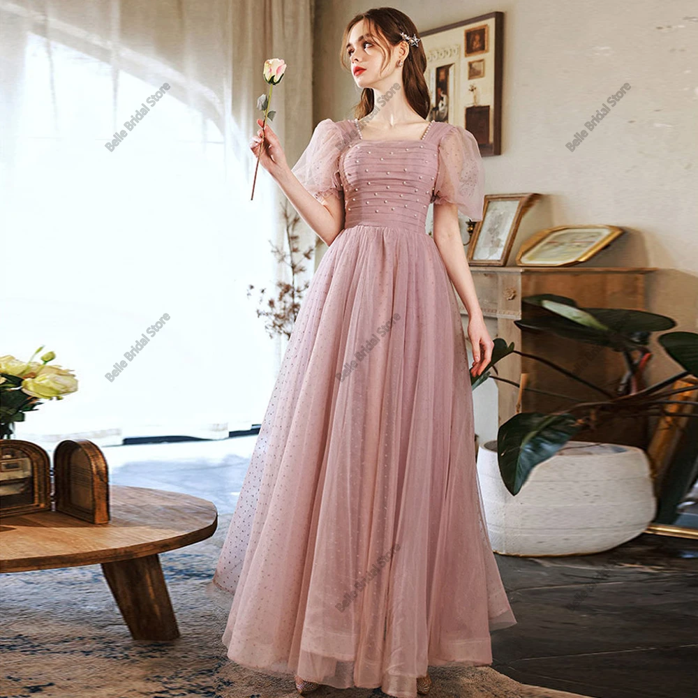 

Pink Puff Sleeves Wedding Dresses Boat Neck Pearls Bridal Grown For Women A Line Tulle Ankle Length Vestidos De Novia 2024