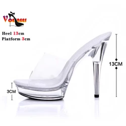 Sandálias Chinelos de Toe Aberto para Mulheres, Salto Fino Cristal, Plataforma Transparente, Modelo Sexy, Saltos de Treino 12cm, 13cm, Verão