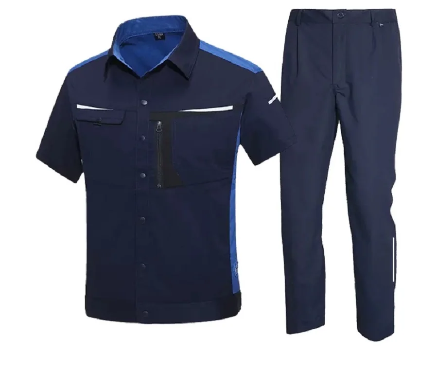 ฤดูร้อนแฟชั่นเสื้อผ้าทํางานยืด Anti Static Auto Repairman Worker ชุด Contrast สีแถบสะท้อนแสงความปลอดภัย Coverall