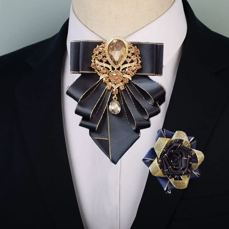 

Luxury Men's Bow Ties Set Original Handmade Jewelry Gifts Business Banquet Wedding Rhinestones Collar Flowers Corsages Sets