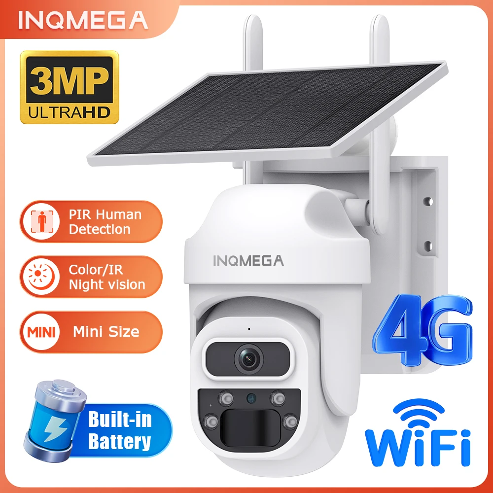 INQMEGA 3MP Mini Solar PTZ Camera 4G WiFi PIR Human Detection 10M Night Vision 2-Way Audio IP65 Waterproof TF Cloud Storage