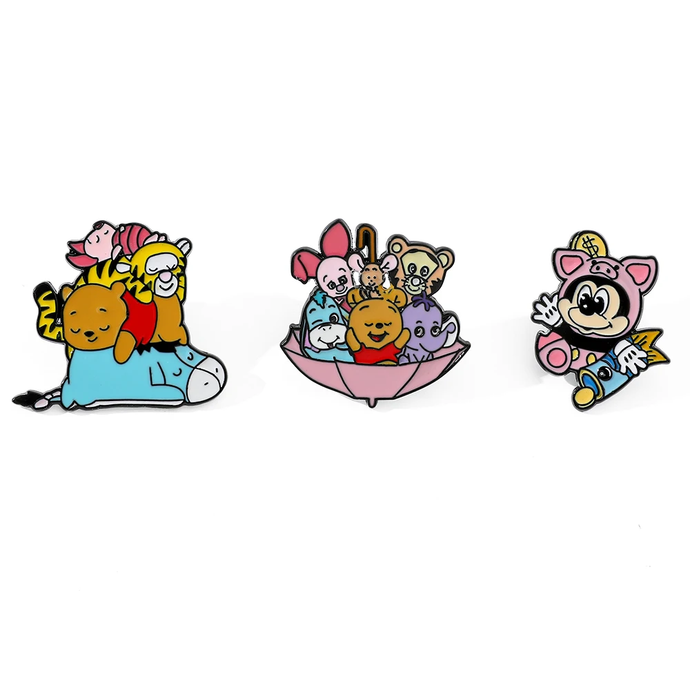 3 Pcs Cute cartoon creative personality European and American cartoon characters badge Winnie the Bear and Mickey Tigger brooch