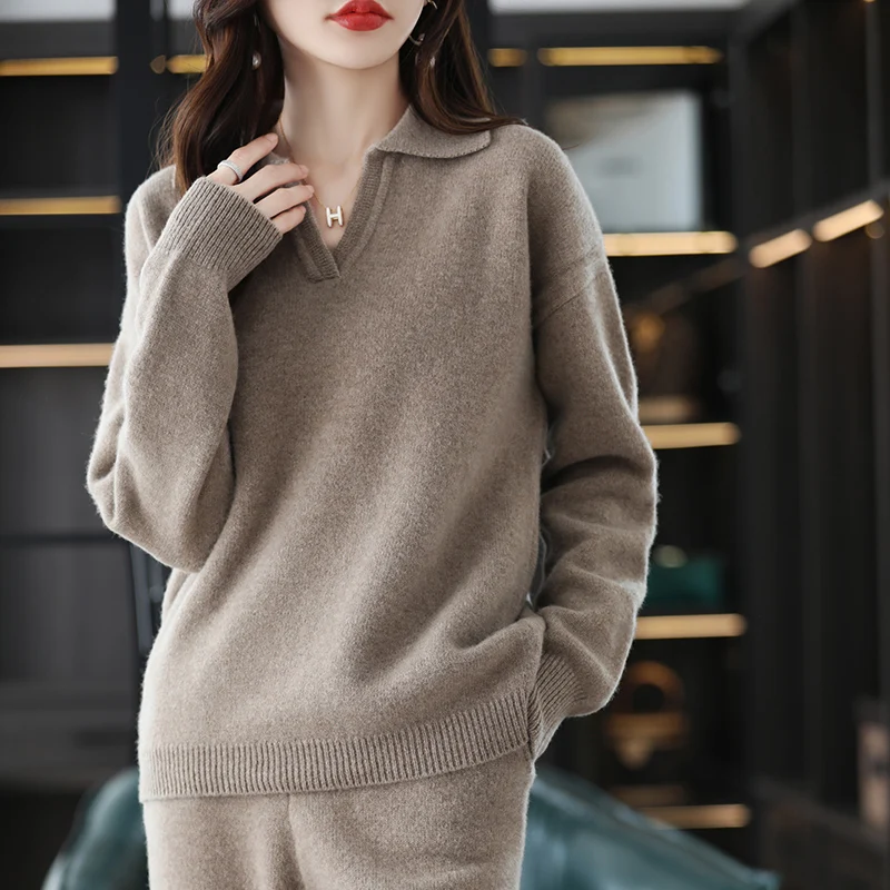 2024 High end Autumn/Winter 100% Pure Wool Knitted Set Women\'s Two piece Set Sweater POLO Collar Cashmere Casual Wide Leg Pants