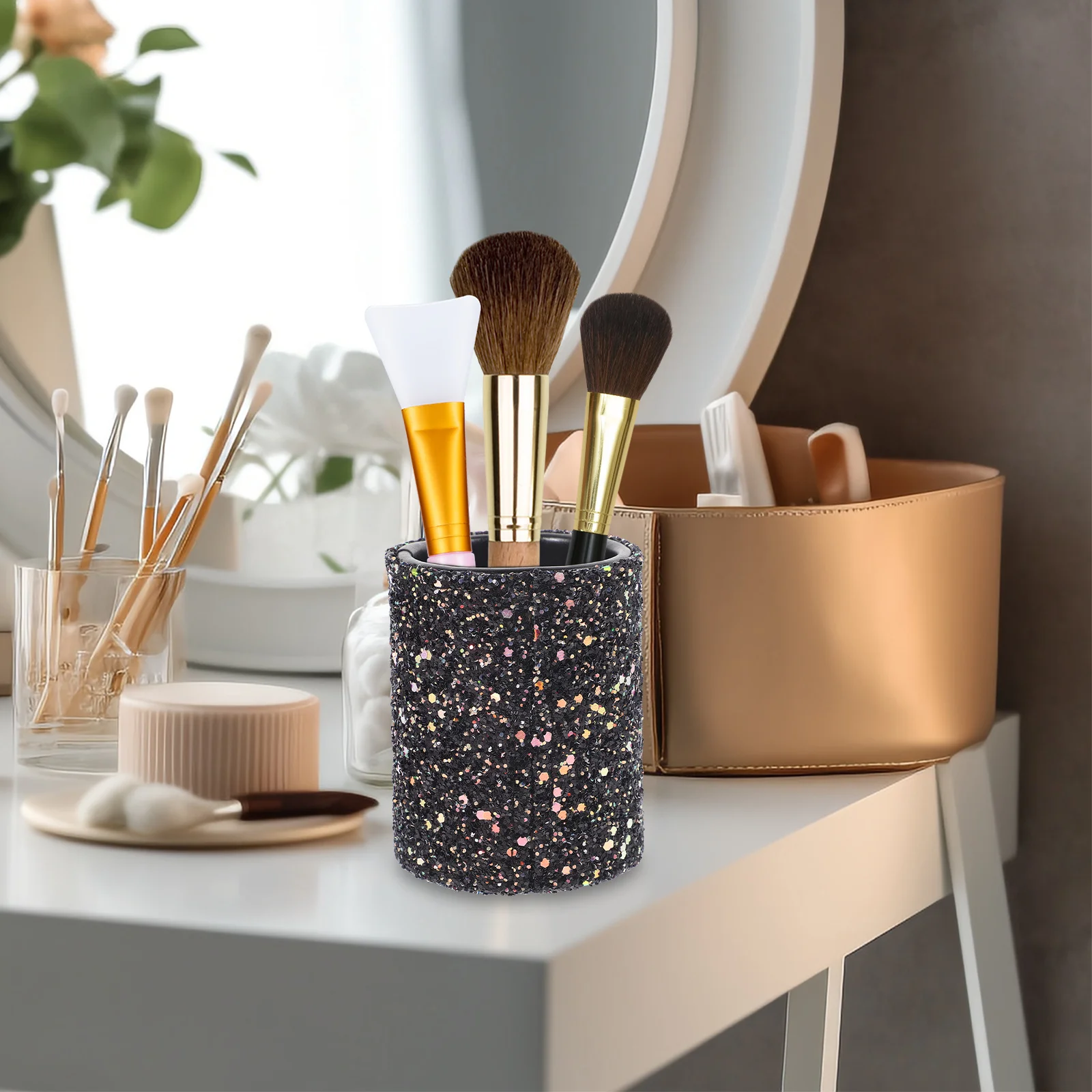 Decoratieve make-up kwasten organizer, kleine glitter emmertje, draagbare opbergoplossing voor cosmetica en tools, efficiënte opbergoplossing voor de kaptafel