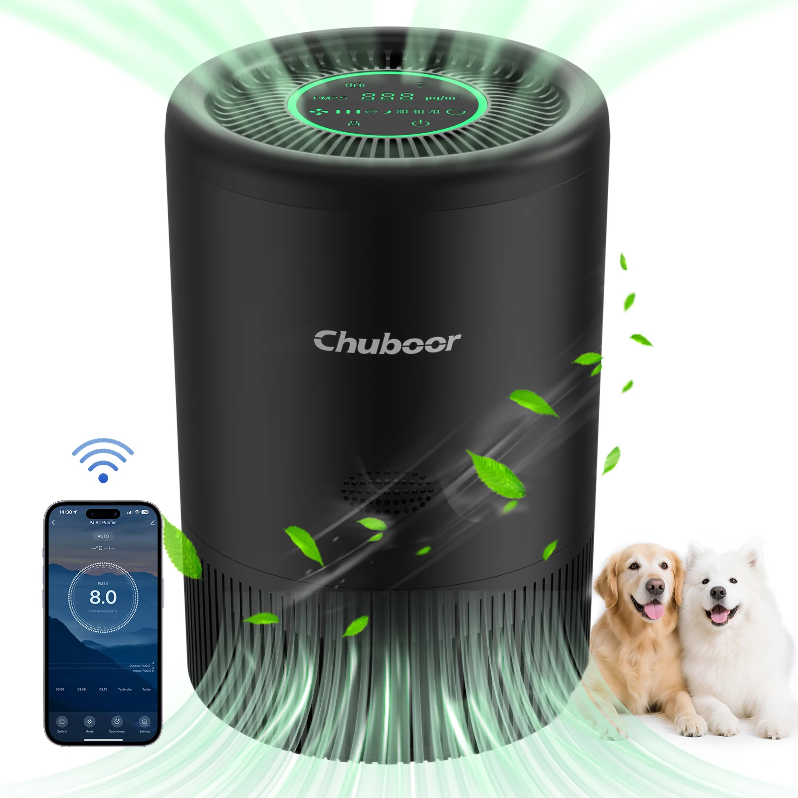 

Умный очиститель воздуха Chuboor с управлением через приложение/Alexa, HEPA-фильтром и монитором PM2.5 для спальни, гостиной, дома с домашними животными