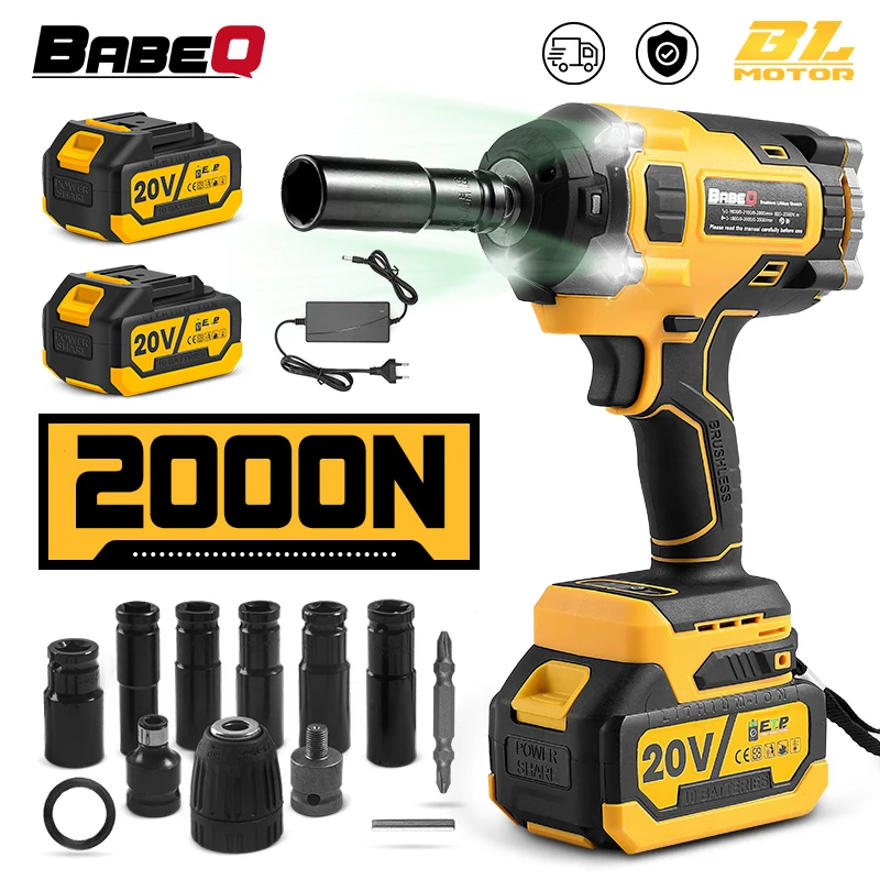 BABEQ 2000N.m Brushless Electric Impact Wrench Rechargeable 1/2 Socket Wrench Cordless Wrench Power Tools for 18V Makita Battery