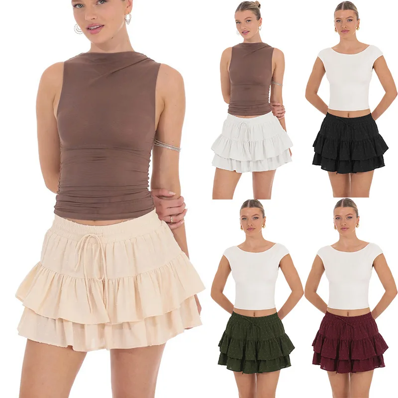 

New Women's Summer Elastic Waist Tie-Detail Anti-Peep Bloomers Sweet Cake Skirt