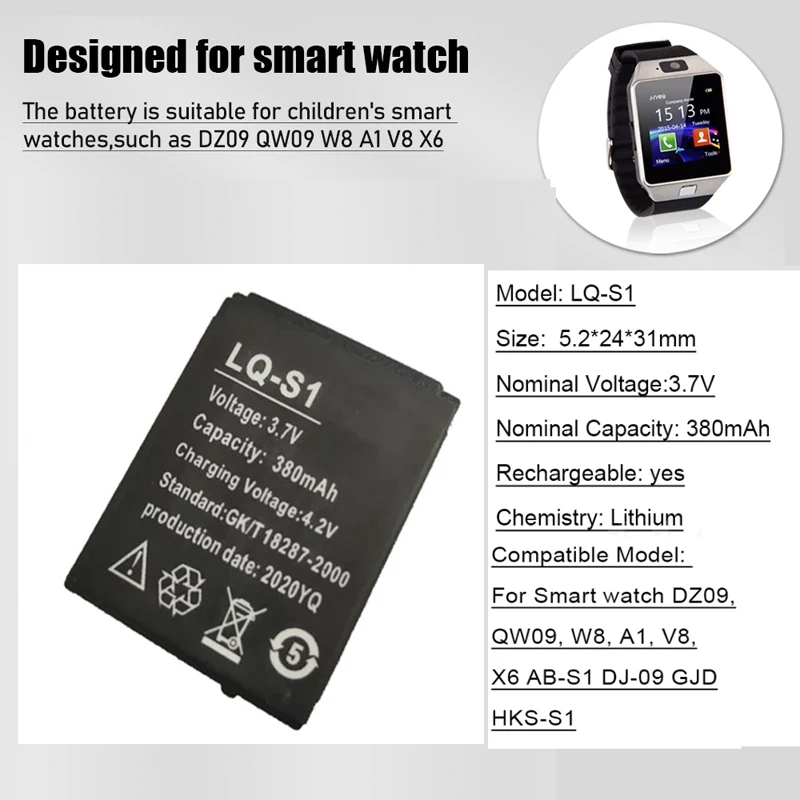 1-4 sztuk LQ-S1 3.7V 380mAh akumulator litowy wielokrotnego ładowania do inteligentnego zegarka AB-S1 HLX-S1 DZ09 DJ-09 W8 A1 V8 X6 FYM-M9 SCX-M9