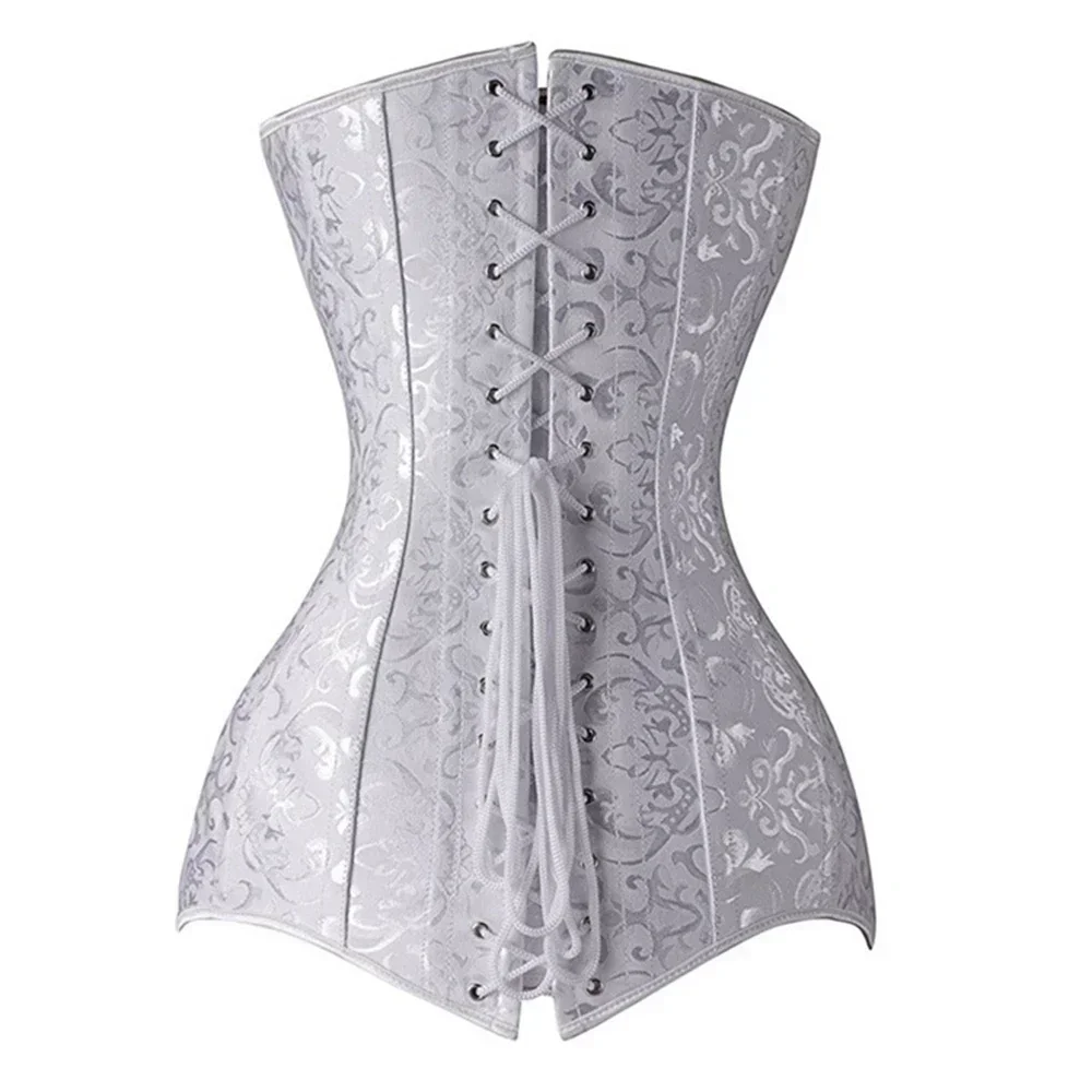 White Jacquard Steel Boned Bustier Plus Size Korsett Women Steampunk Gorset Corset Long Torso Sexy Clothing Korse