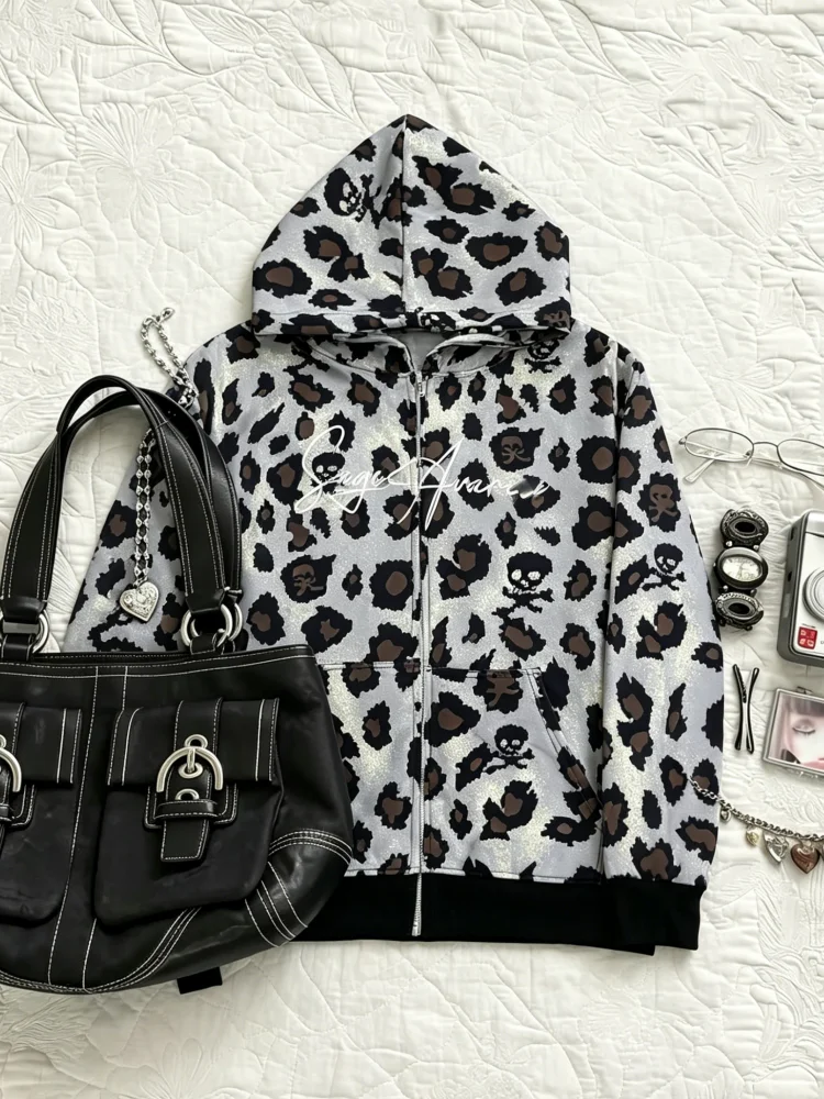 

2026 Casual Leopard Print Skull Hoodie With Embroidery For Women