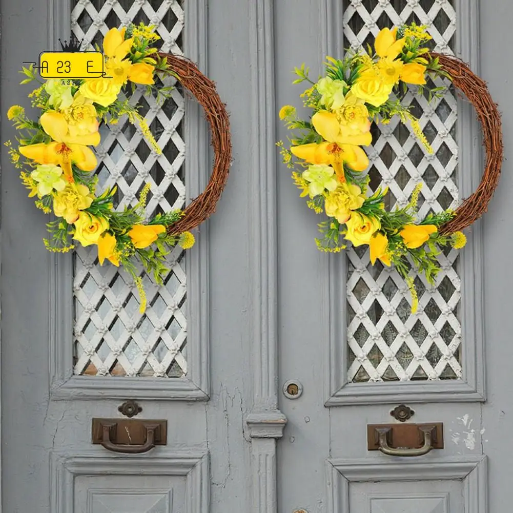 A23E-Yellow Flower Door Wreath Artificial Handcrafted Wreath Spring Front Door Decor Seasonal Door For Many Rooms
