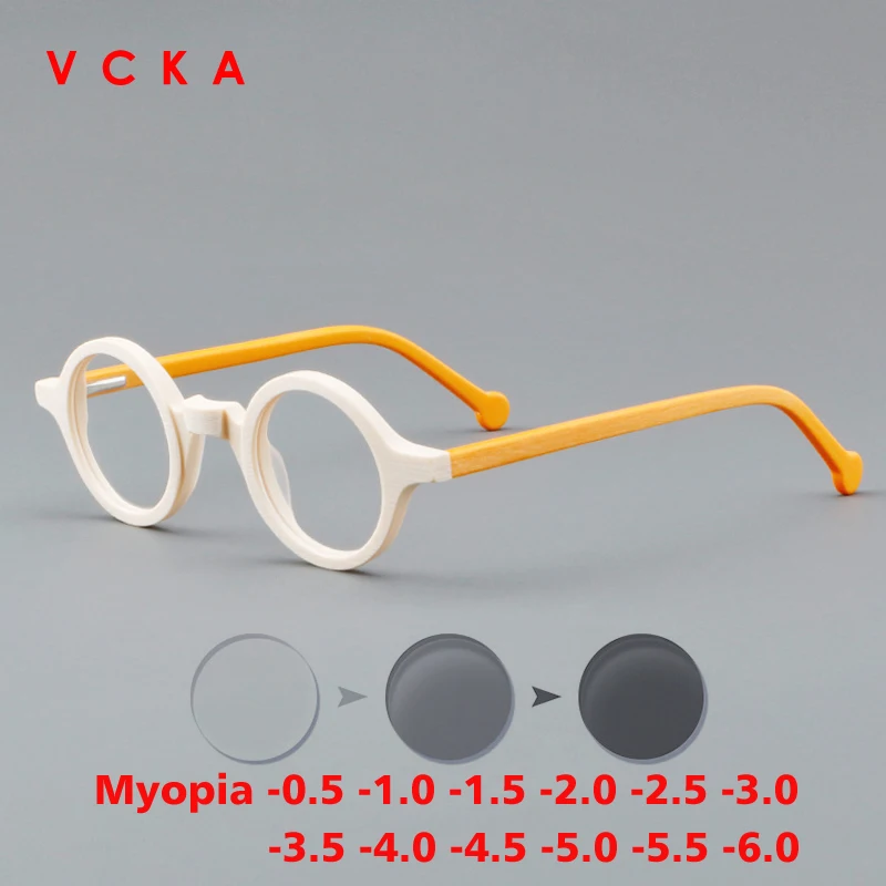 

VCKA Acetate Myopia Discolor Glasses Frame Men Small Round Anti-blue Eyeglasses Women Optical Prescription Eyewear -0.5 to -6.0