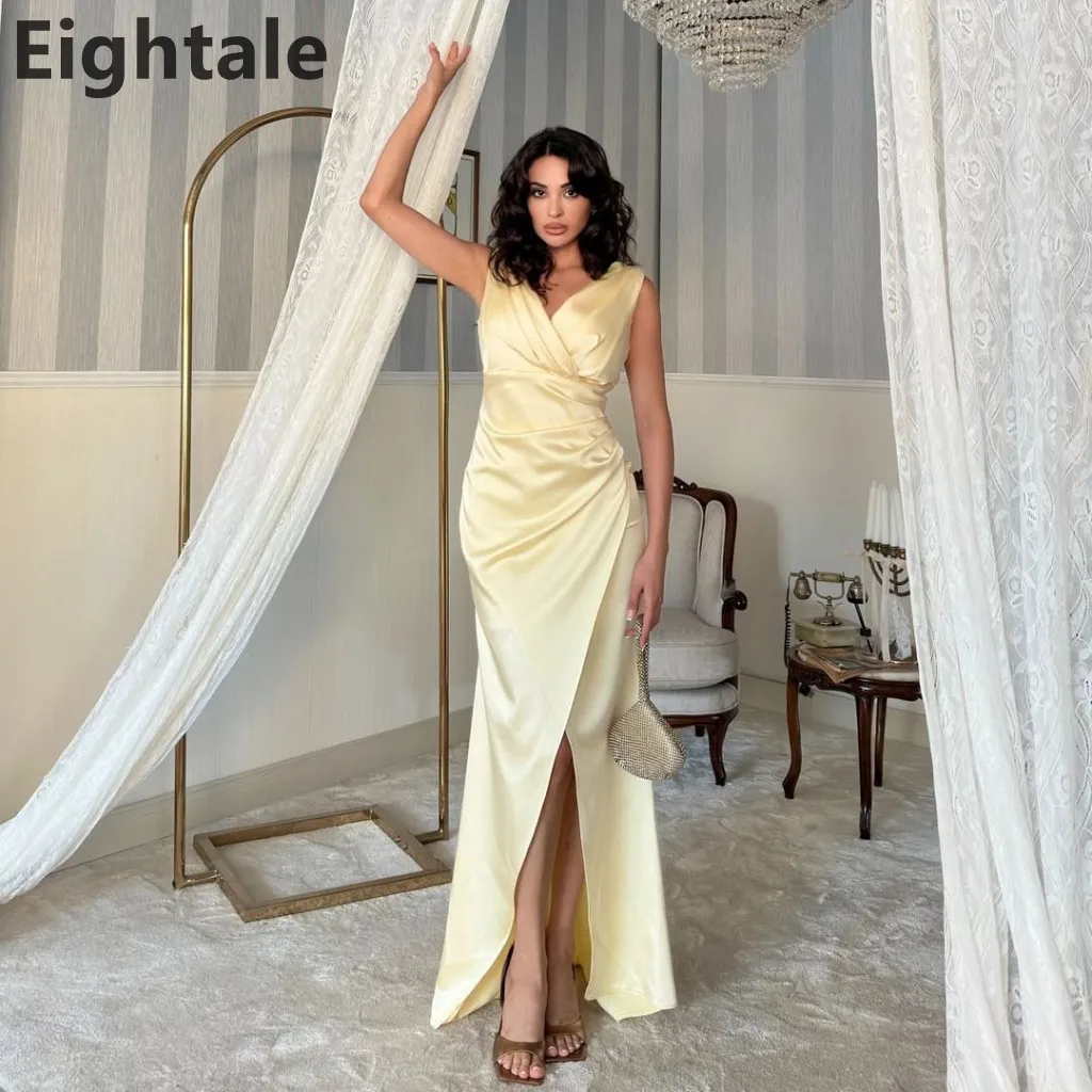 فستان Eightale 2024 من الساتان الأصفر حورية البحر للحفلات الراقصة ورقبة على شكل V مثير بفتحة فستان سهرة للنساء فستان رسمي للحفلات رداء De Soirée