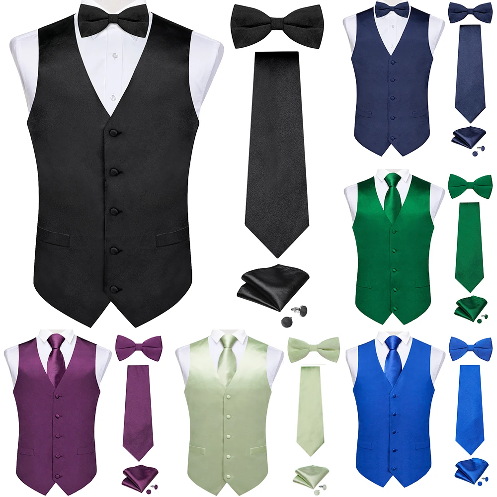 Black Satin Solid Suit Vest with Tie and Pre-tied Bow Tie Set Purple Blue Sage Green Wedding Party Men\'s Waistcoat DiBanGu