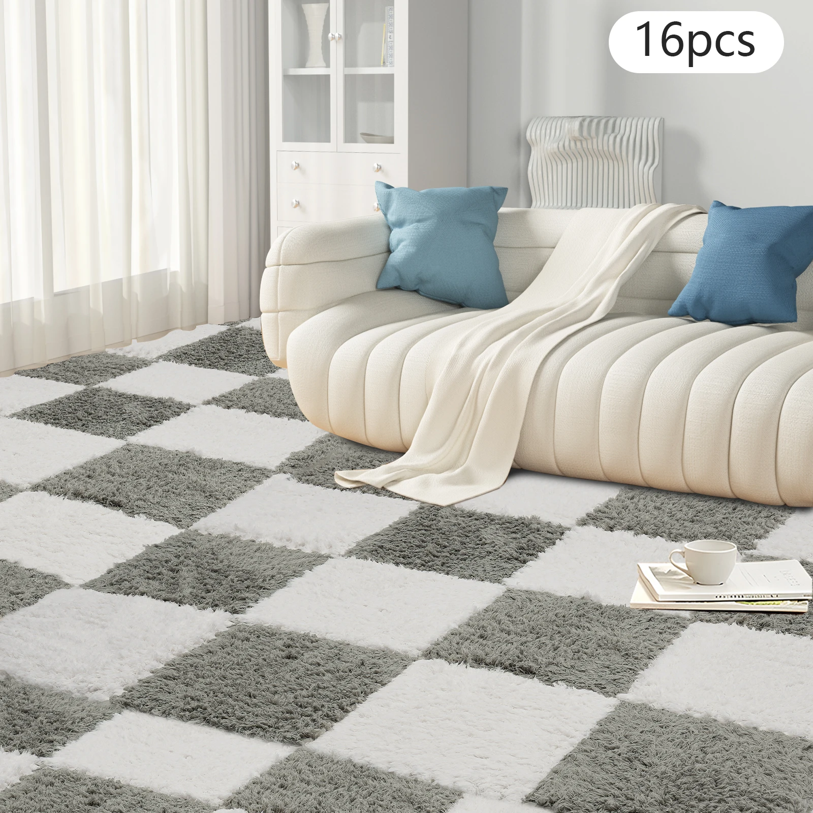 

Серые и белые коврики, ковер из флисовой мозаики для торта, пушистый напольный коврик, независимое сращивание из 16 предметов, коврик для домашнего балкона, гостиной