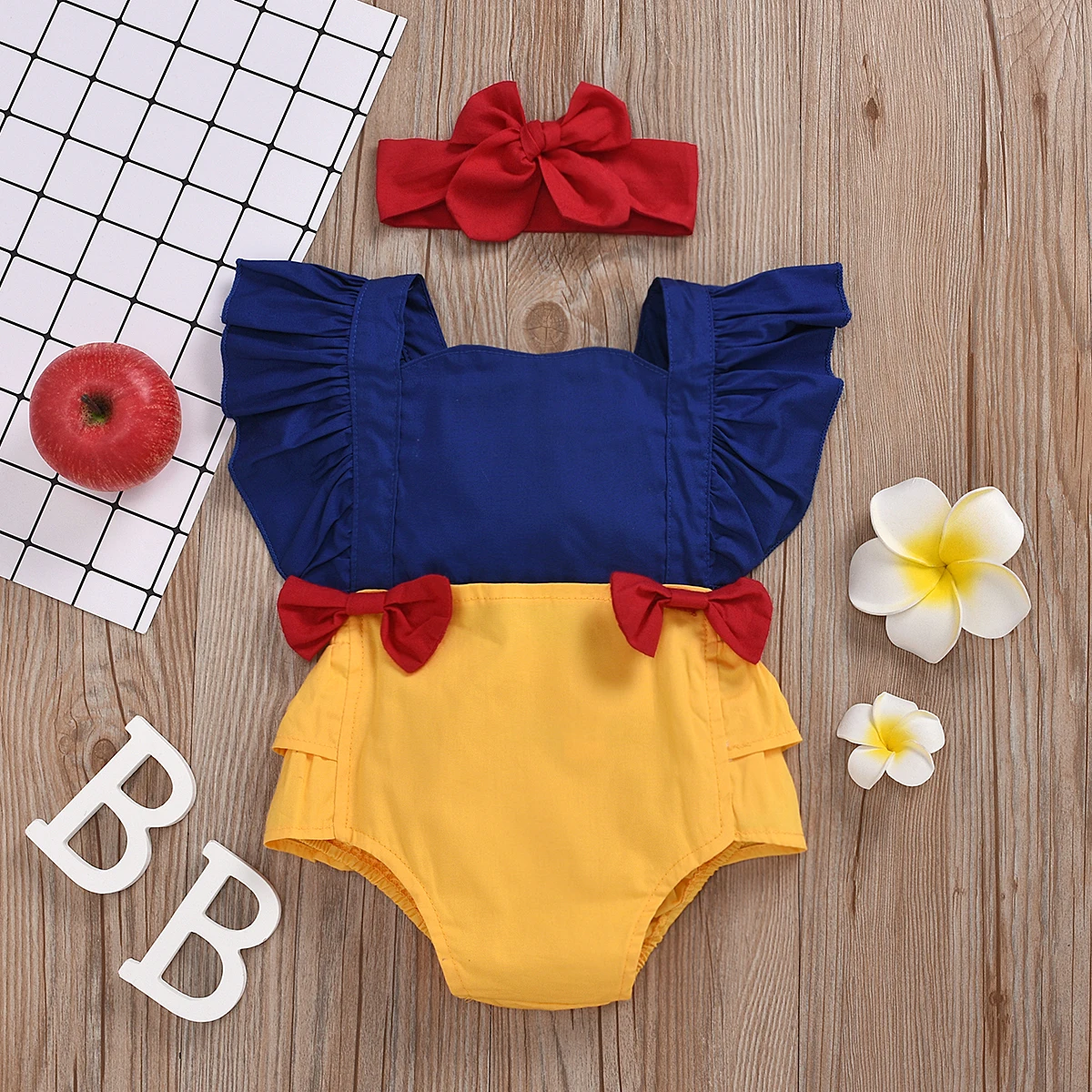 Newborn Baby Girls Patchwork Ruffled Sleeve  Princess Romper Jumpsuit + Bow Headband Backless Summer Outfit Set