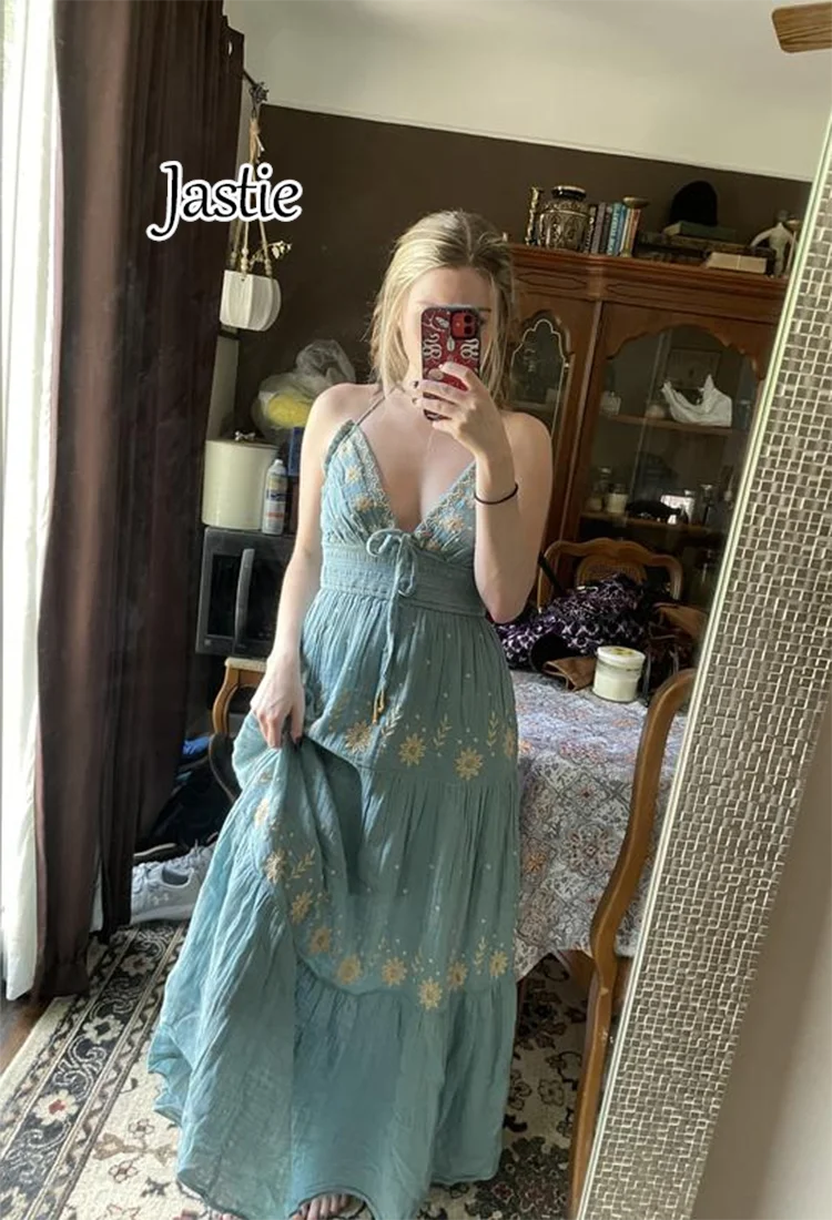 Jastie Gebloemd Geborduurde Maxi Jurk Sexy V-Hals Mouwloze Zomer Jurken Smocking Taille Casual Strand Boho Vakantie Jurk