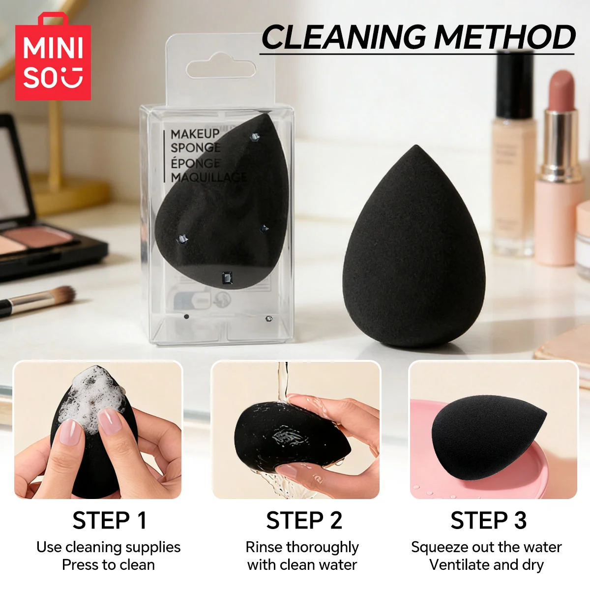 MINISO Soft Skin friendly Water Drop Makeup Egg - Black Makeup Sponge Suitable for Liquid Makeup Egg Wet and Dry Use