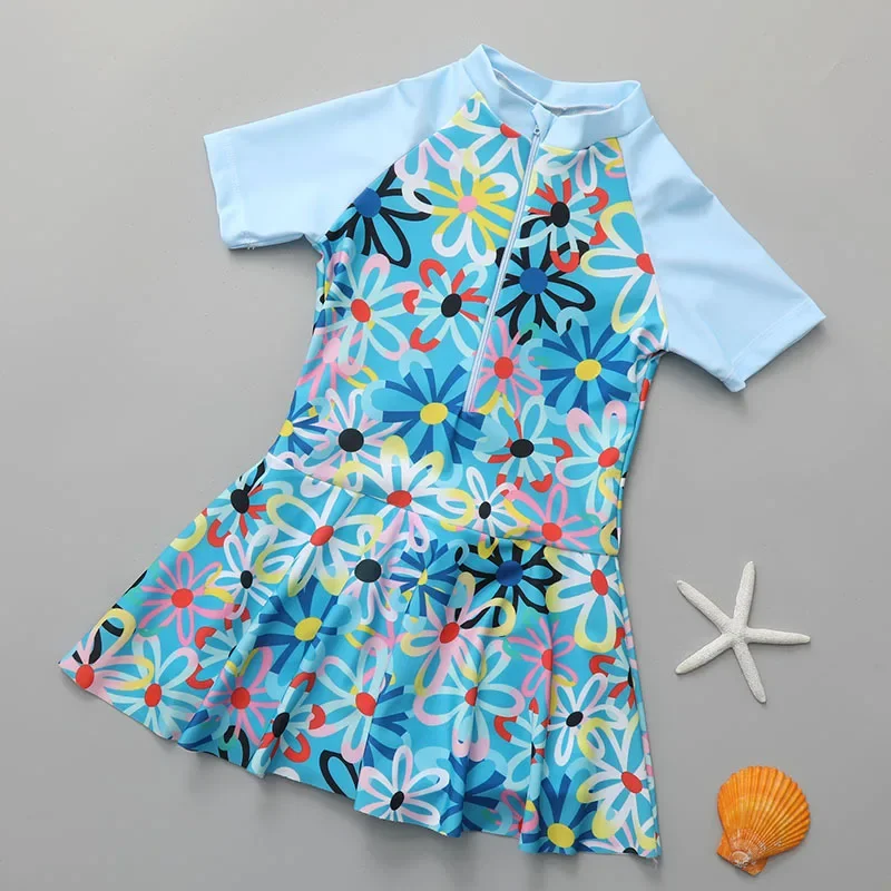 

1-6 Year Old Children's Short Sleeved Swimsuit Girl's One Piece Skirt Style Quick Drying Swimwear Beach Surfing Sportswear