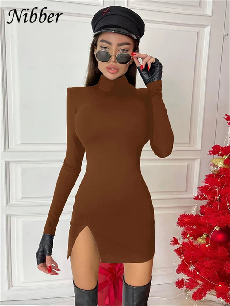 Nibber Elegance Solid Split Fork Mini Dress Women Sexy Long Sleeve With Shoulder Pad Slim Femal Robe Partywear Vestido