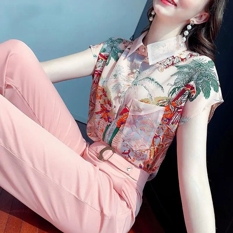 Fashion Women\'s Suit Spring and Summer 2022 Vintage Casual Printed Shirt High Waist Trousers Two-piece Elegant Women\'s Suit