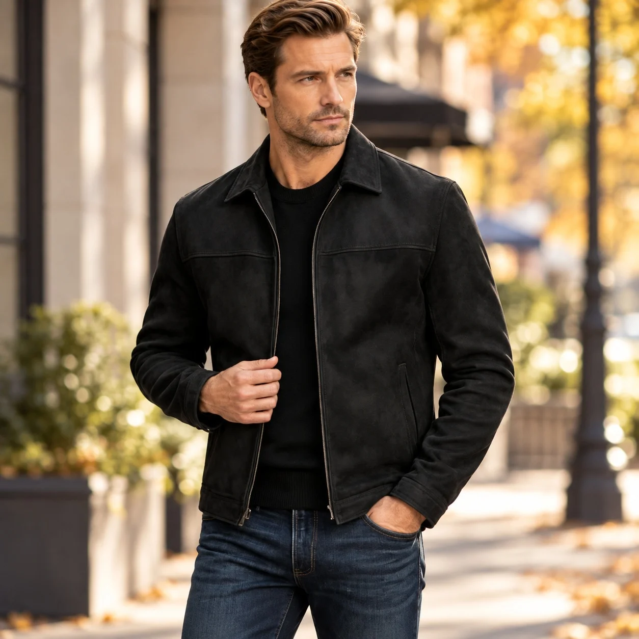 Casual Turn Down Collar Coat Regular Length Retro Men Jacket with Zipper Detail Non Hooded Side Seam Pockets Fall Jacket