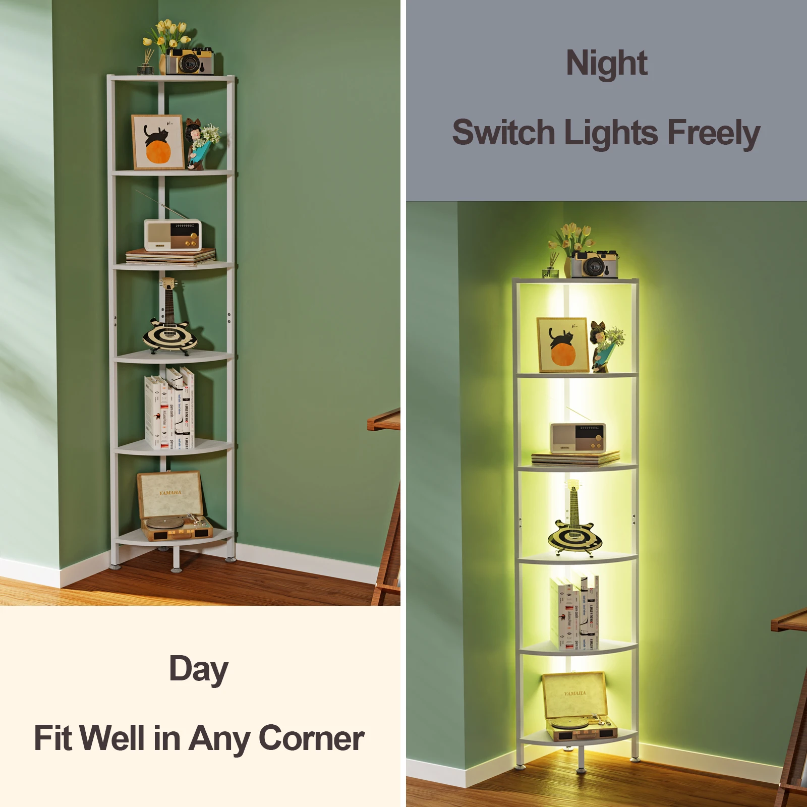 6-stufiges Eckregal, Bücherregal mit verstellbarer LED-Beleuchtung, Aufbewahrungseinheit, 30 x 30 x 172 cm, für Wohnzimmer, Schlafzimmer, Büro