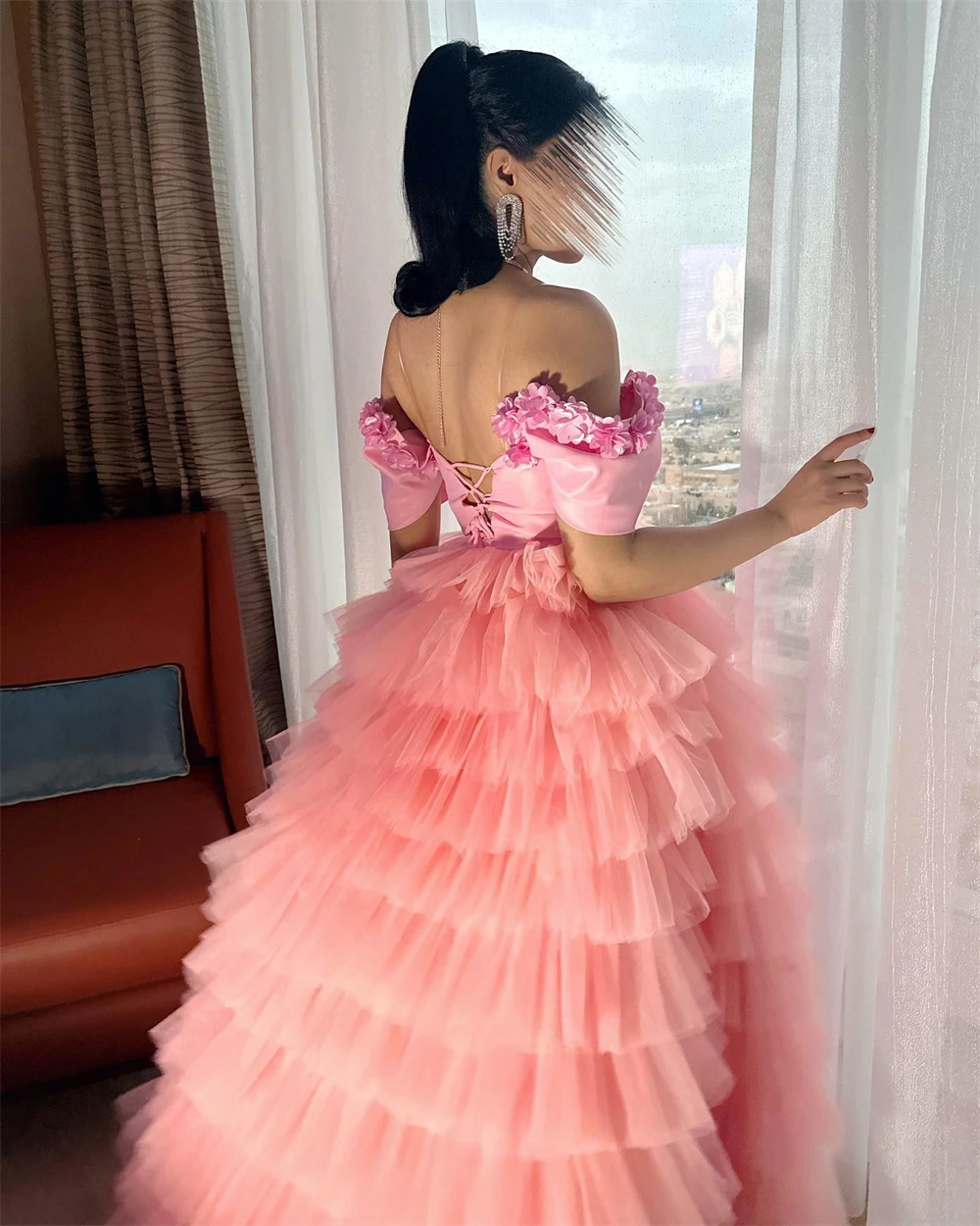 Customized  Eleagnt Flower Off the Shoulder Empire Party Dress Floor Length Tiered Formal Evening Gowns فساتين نسائيه سهره 롱원피스 